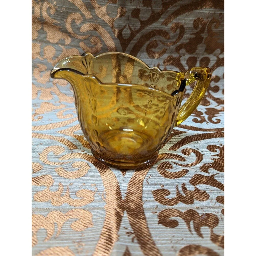 Vintage Amber Pressed Glass Creamer‎ and Tea Platter Tray Serving Dish Plate